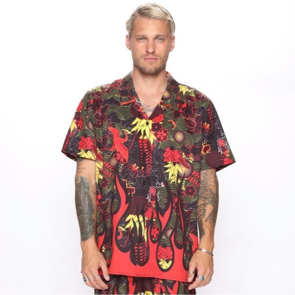 Fashion Nova Man Up In Flames Short Sleeve Shirt - Picture 1 of 3